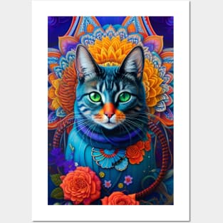 Mandala flower Cat Posters and Art